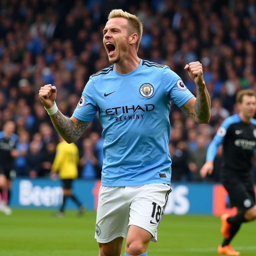 Erling Haaland celebrates a goal in his Manchester City jersey