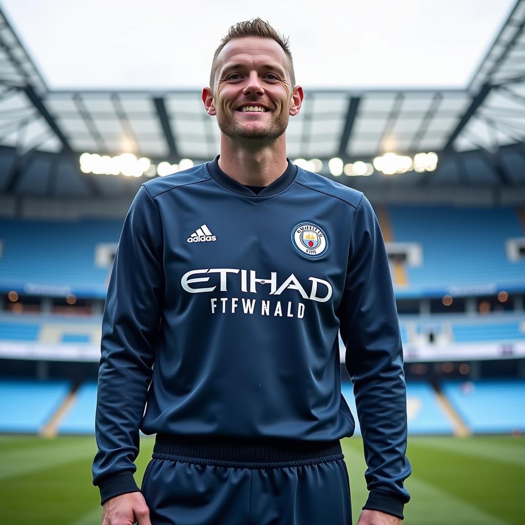 Erling Haaland in his Manchester City kit, holding a football and smiling confidently for the camera.