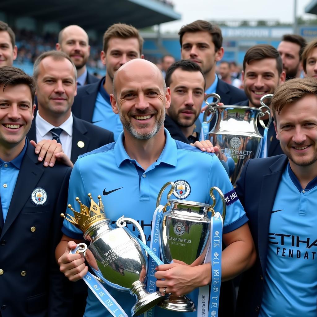 Erling Haaland celebrates Manchester City's Treble win