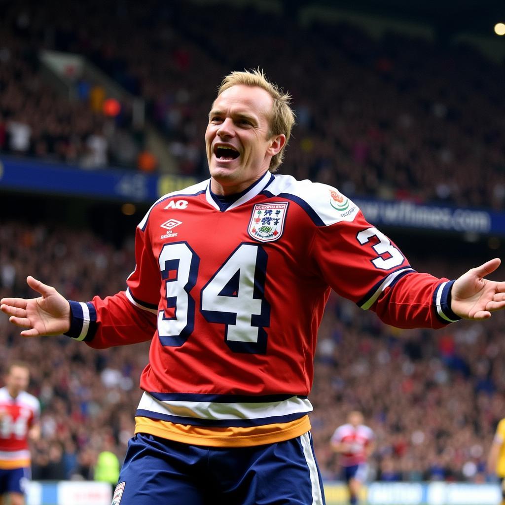 Erling Haaland celebrates a goal while wearing his number 34 jersey