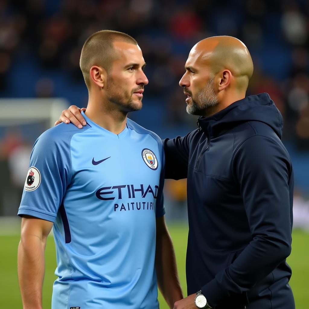 Erling Haaland talks to Pep Guardiola during a Manchester City match