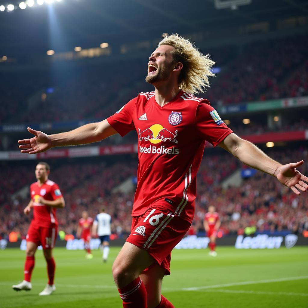 Erling Haaland celebrating a goal for Red Bull Leipzig