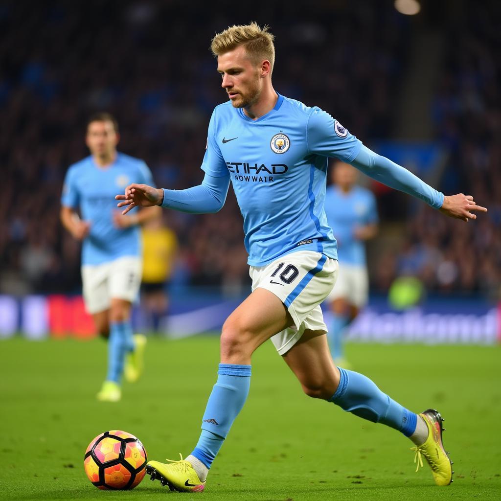 Erling Haaland scoring a goal for Man City