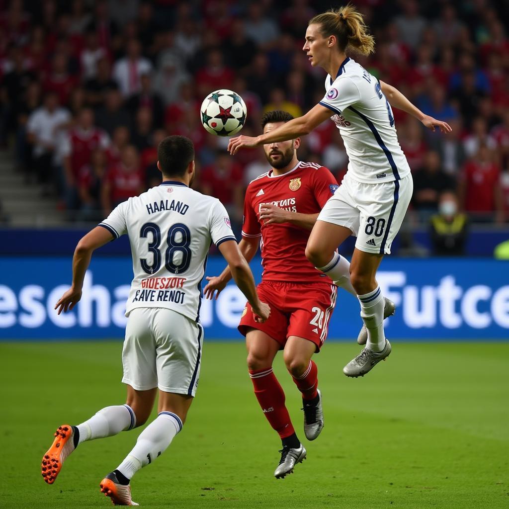 Erling Haaland scoring a header in the Champions League