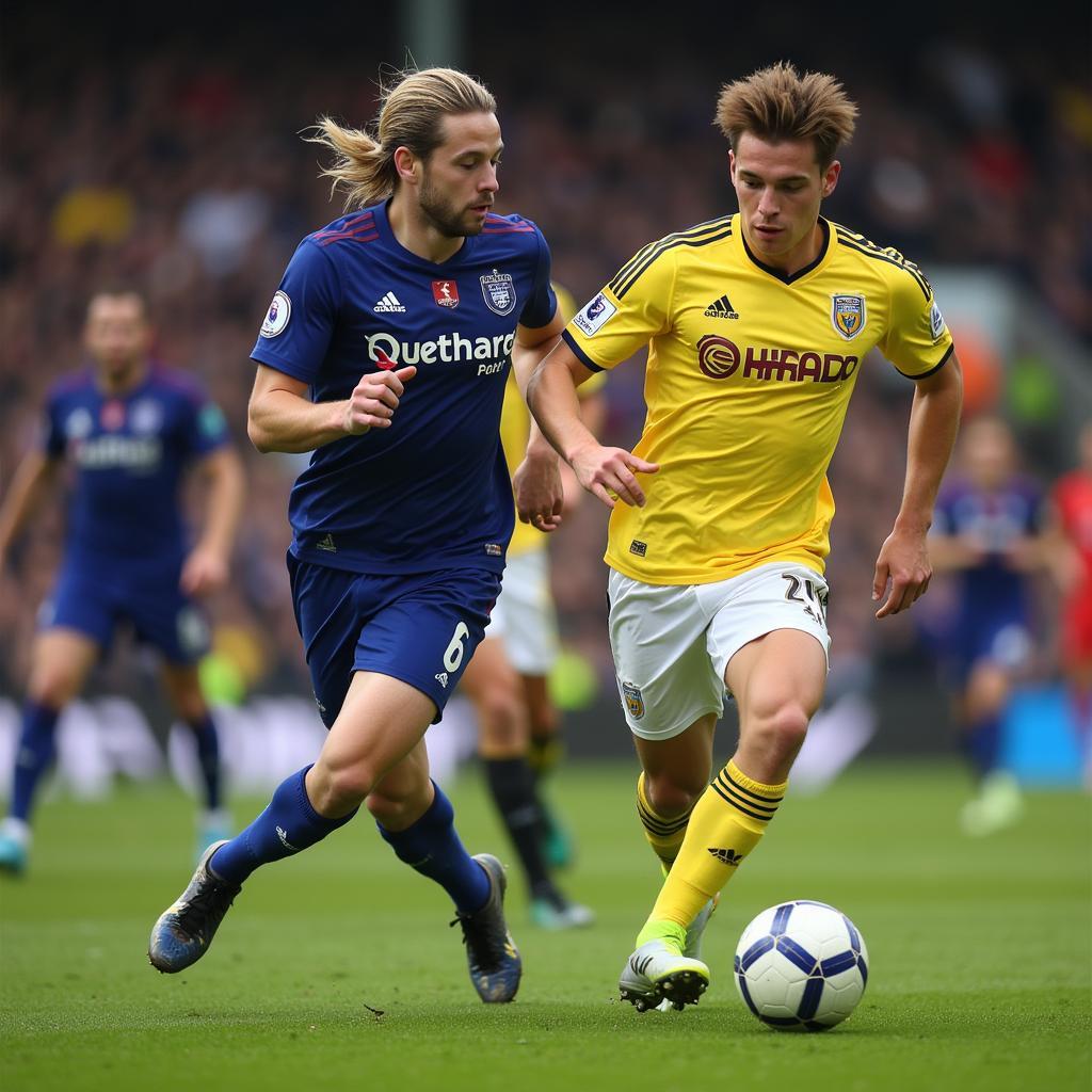 Erling Haaland sprints towards the goal, leaving defenders trailing behind.