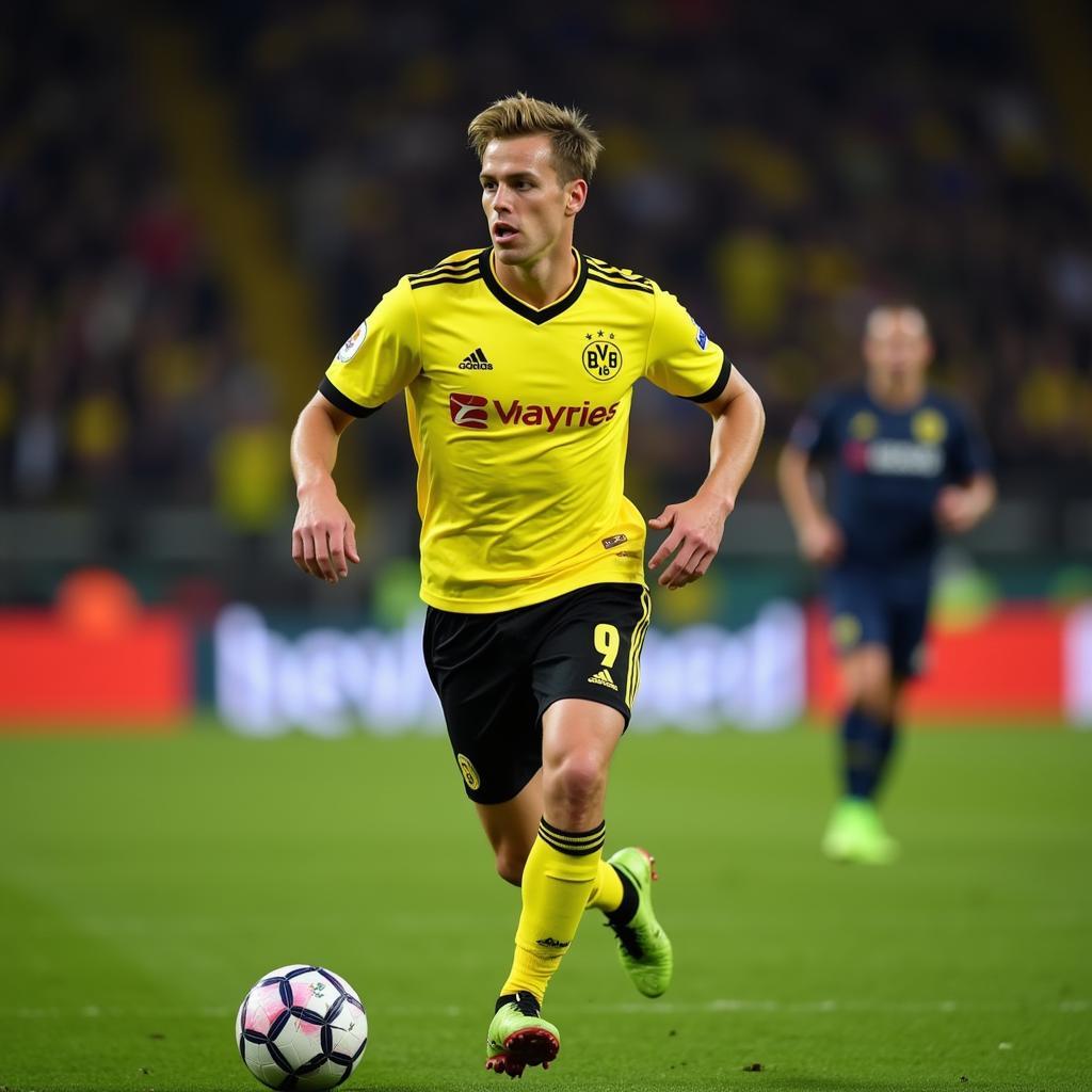 Erling Haaland sprinting with the ball during a football match