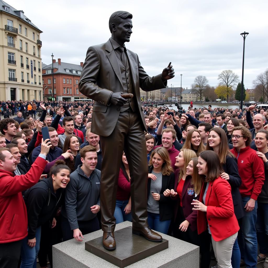 Fans posing with the Erling Haaland Statue