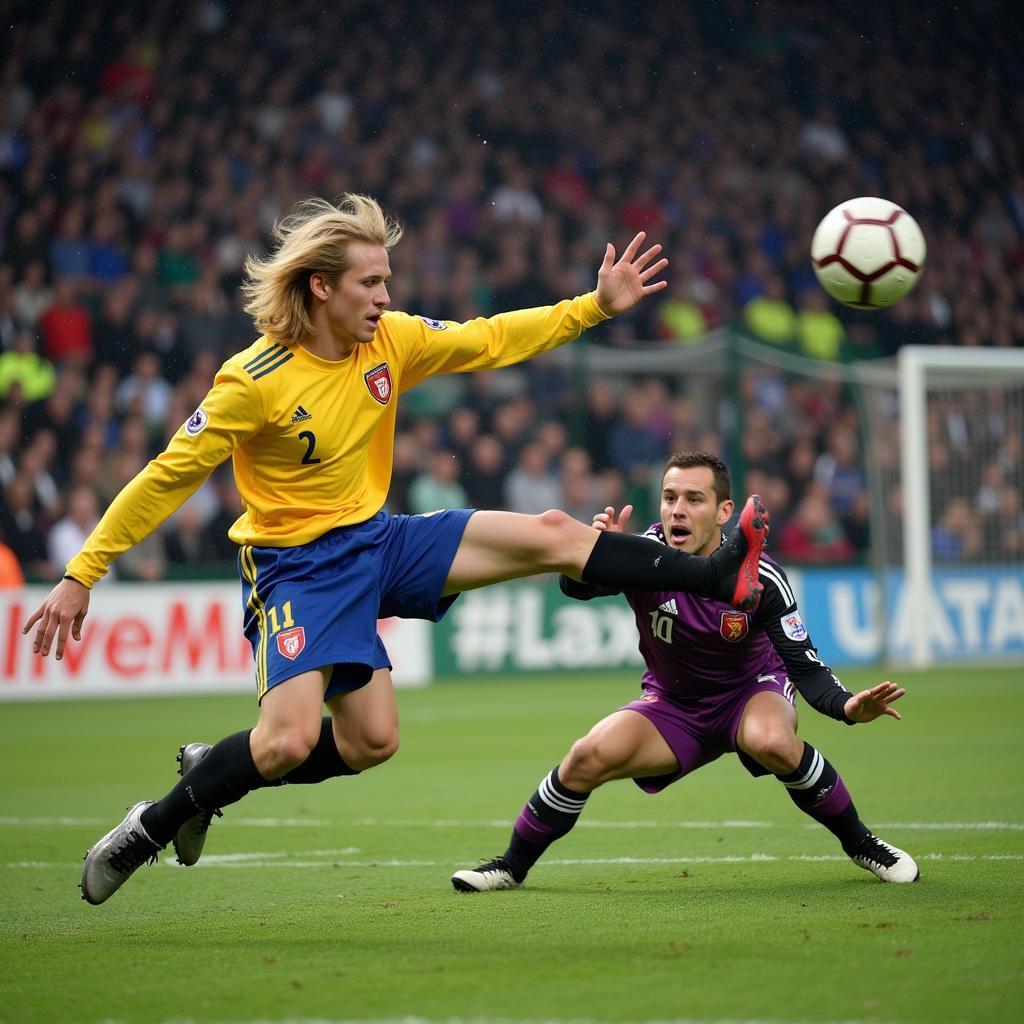 Erling Haaland takes a powerful shot on goal, leaving the goalkeeper with no chance.