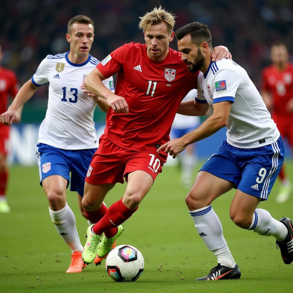 Erling Haaland dribbling past defenders.