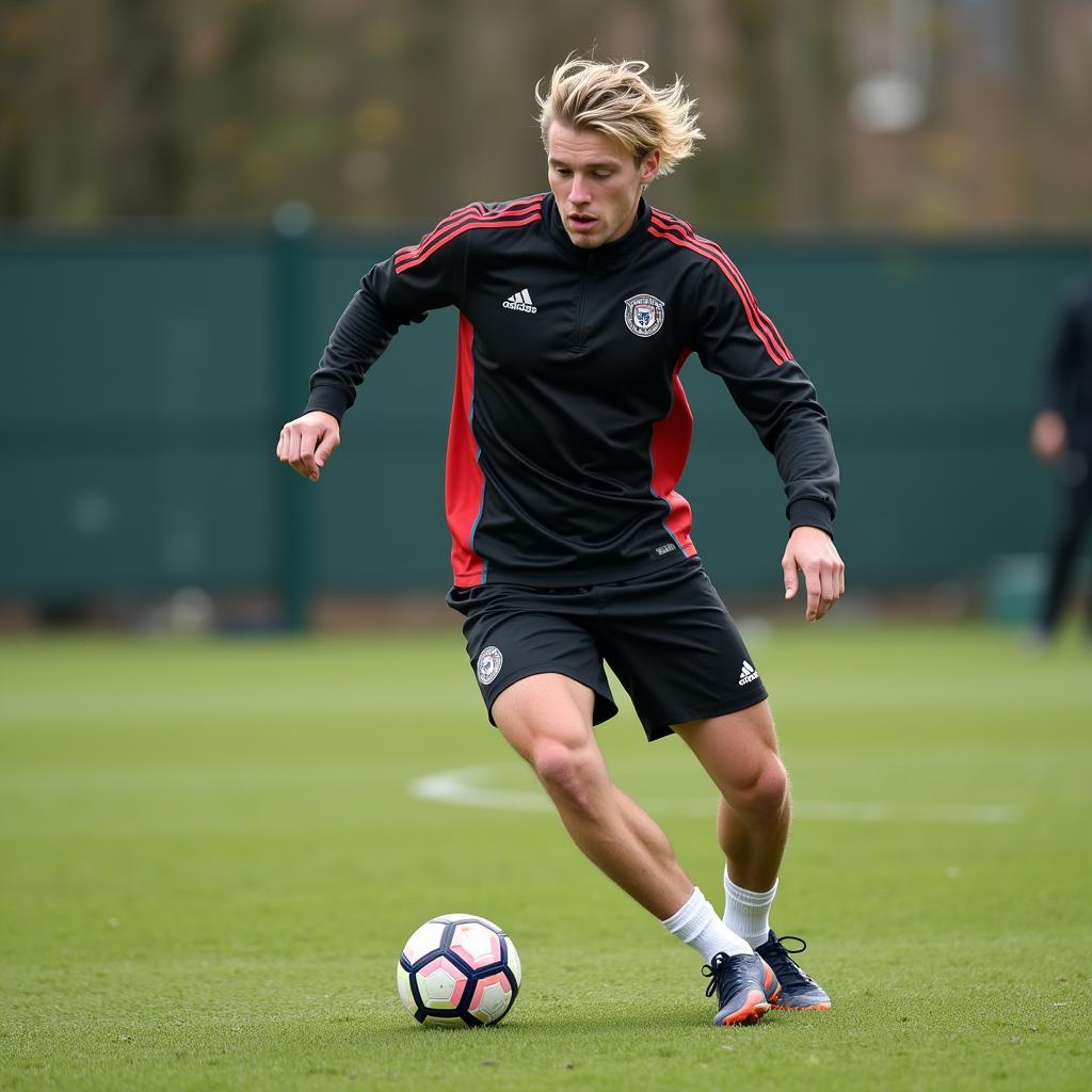 Erling Haaland training intensely on the pitch.