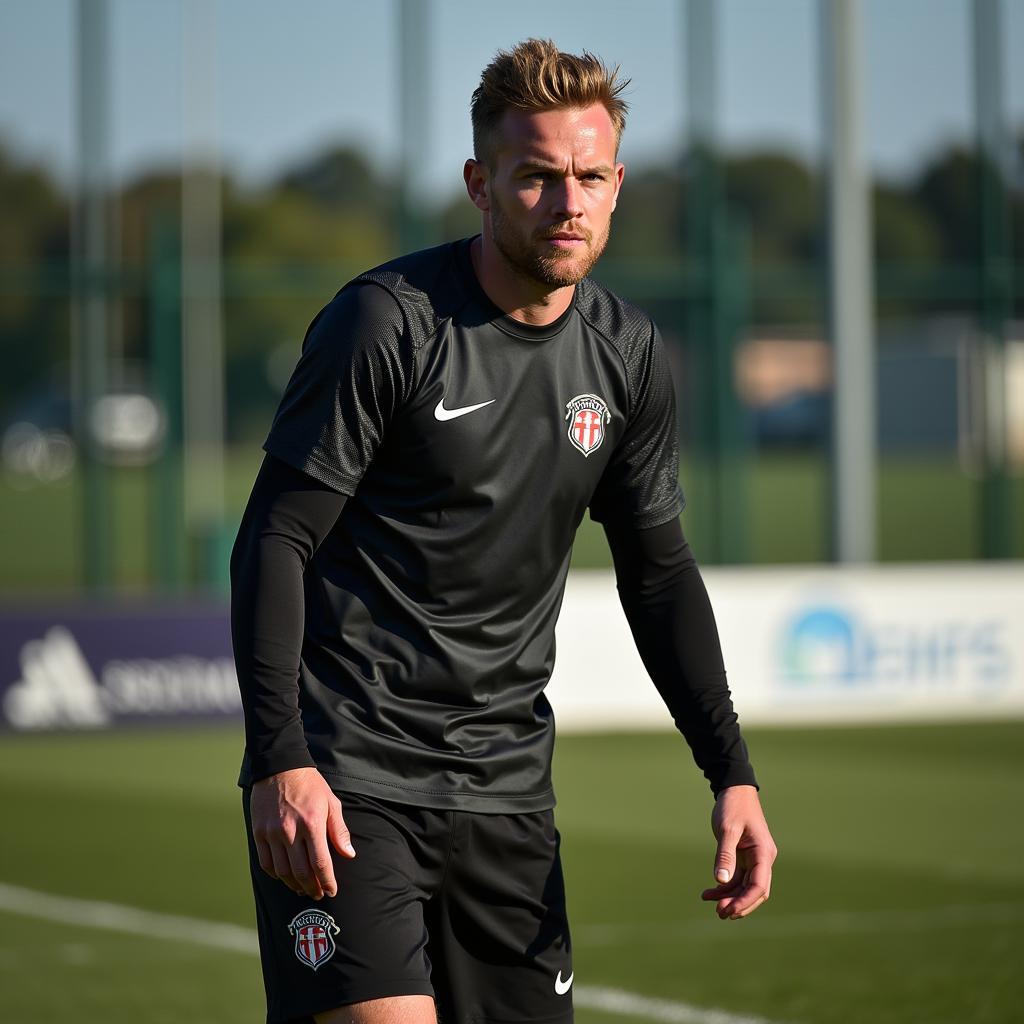 Erling Haaland intensely focused during a training session.