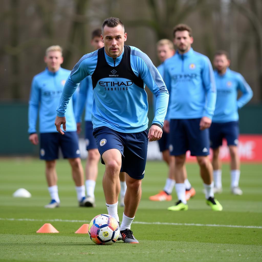 Erling Haaland participates in a training session with Manchester City, focusing on his ball control and dribbling skills.