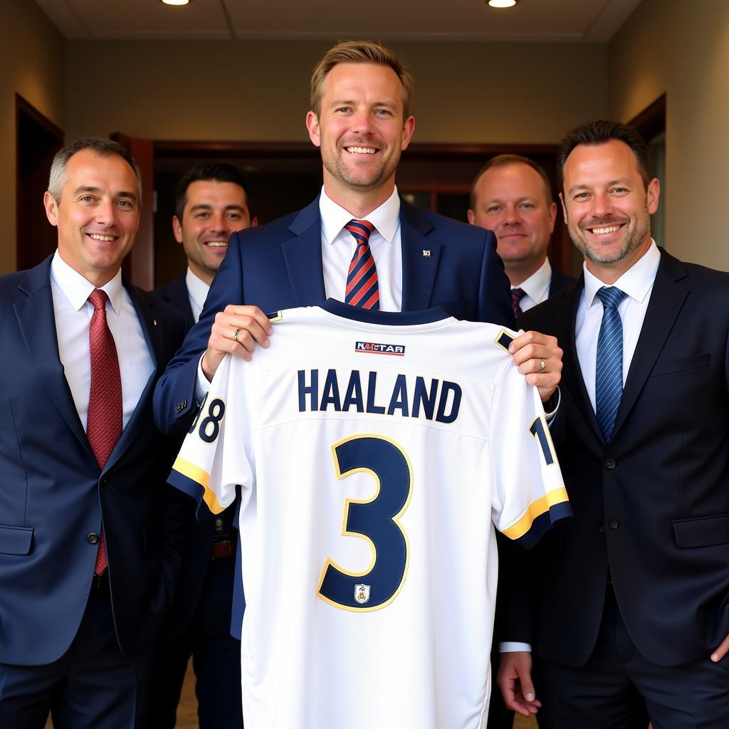 Erling Haaland Holding Up His New Jersey