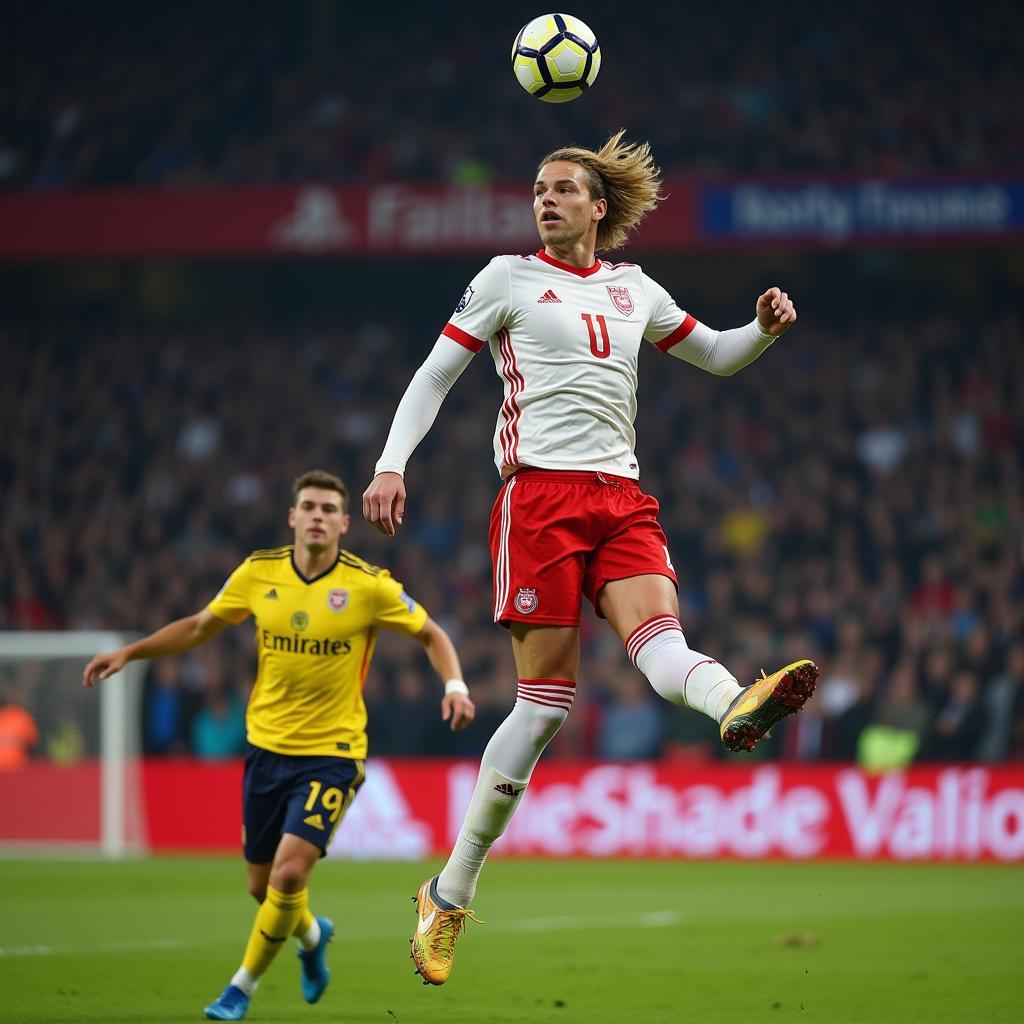 Erling Haaland executing a powerful vertical leap during a match.