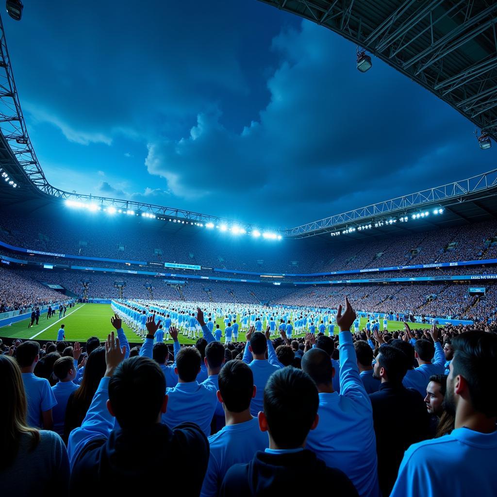 A panoramic view of the Etihad Stadium with fans singing in unison