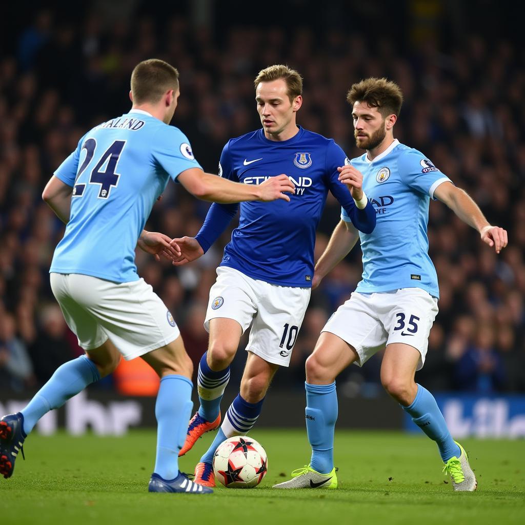 Everton's defense attempts to contain Erling Haaland