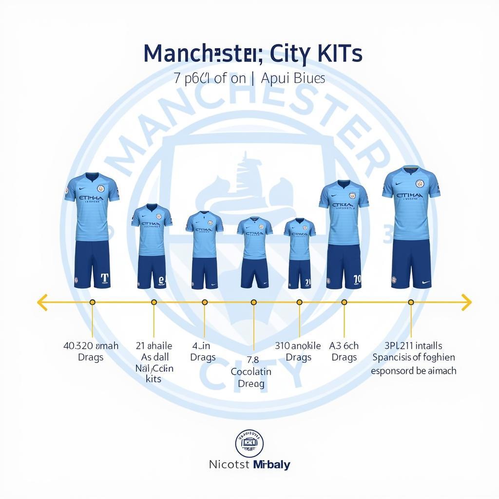 A timeline showcasing the various iterations of the Manchester City football kits throughout their history