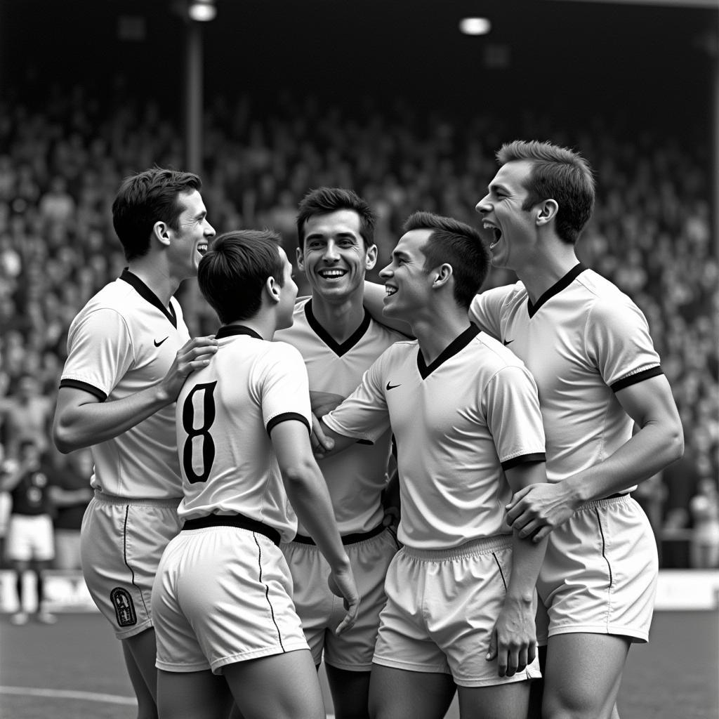 Famous football players in England celebrating a goal.