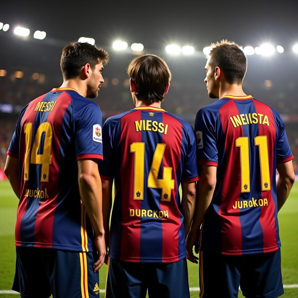 Group photo of Lionel Messi, Andres Iniesta, and Xavi Hernandez during their time at Barcelona