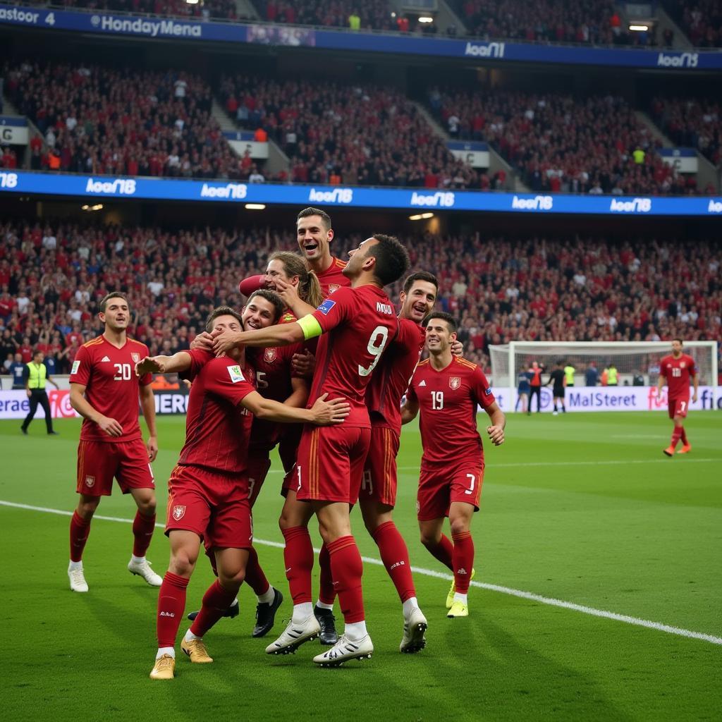 Famous soccer players celebrating a victory