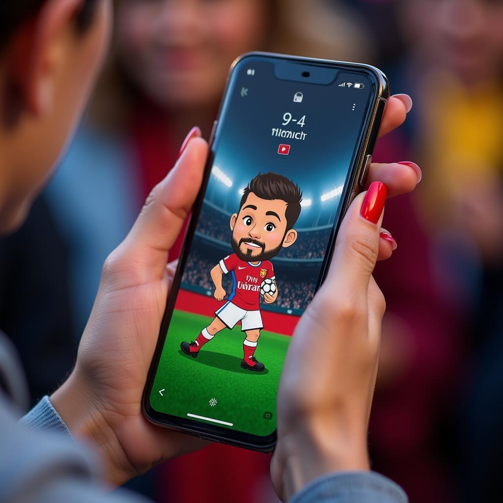 Fan holding a phone displaying a chibi footballer wallpaper