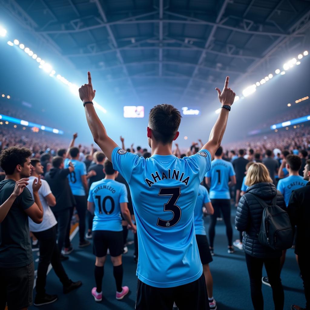 Man City fans proudly sporting the new third kit at the Etihad Stadium. 