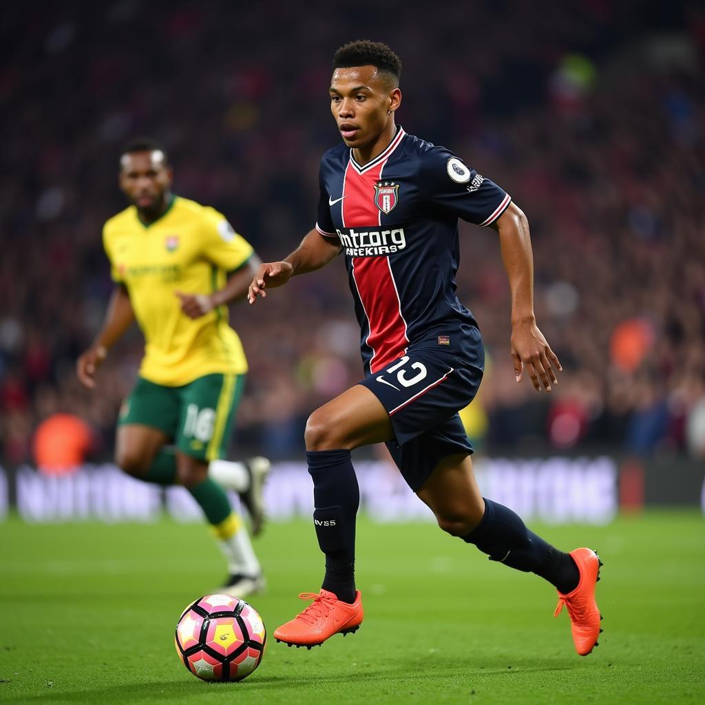 Kylian Mbappé sprinting with the ball