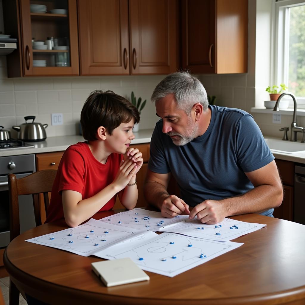 Father and son discussing football strategy