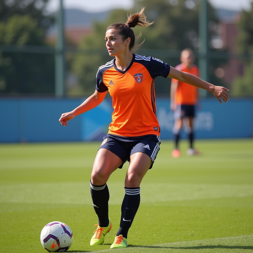 A female footballer intensely focused during training