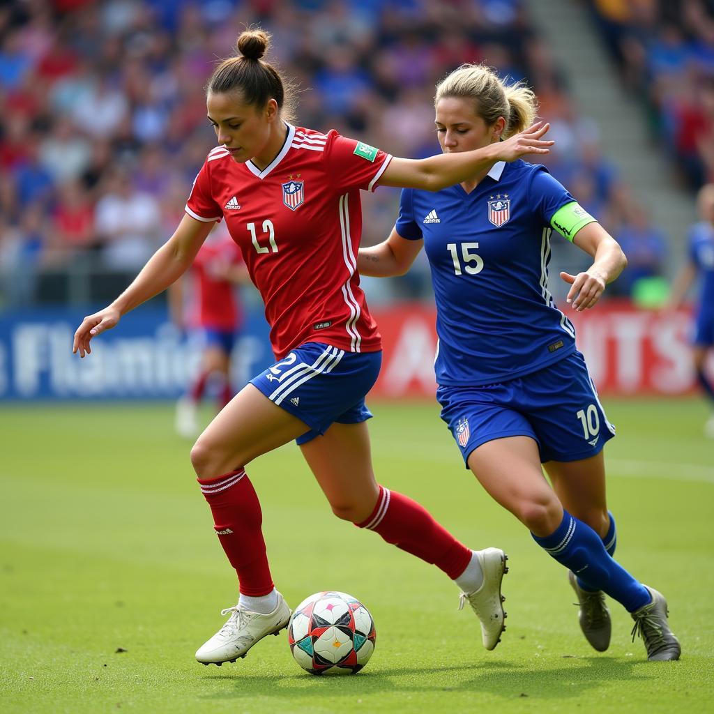 Female footballers competing intensely