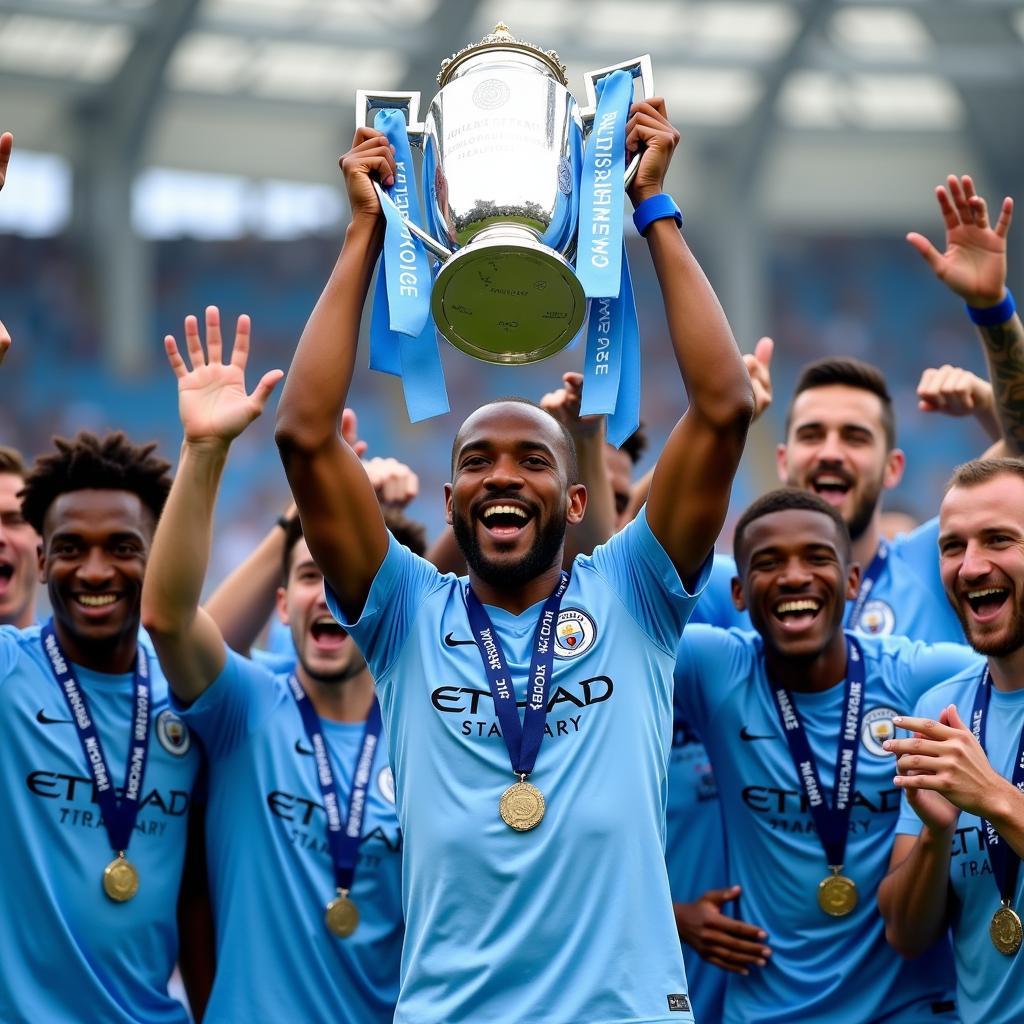 Fernandinho lifting the Premier League trophy with Manchester City