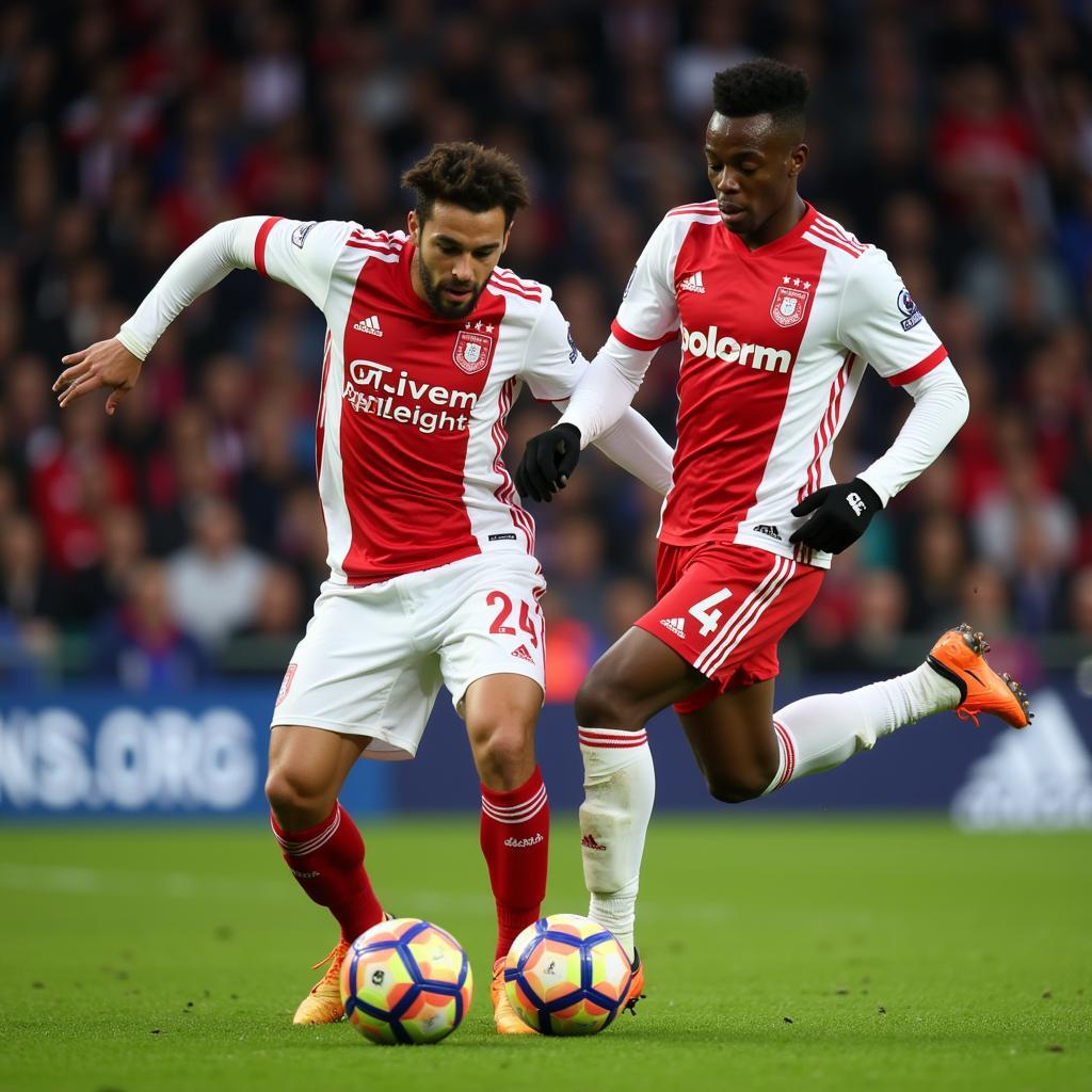 Feyenoord players competing intensely against Ajax players