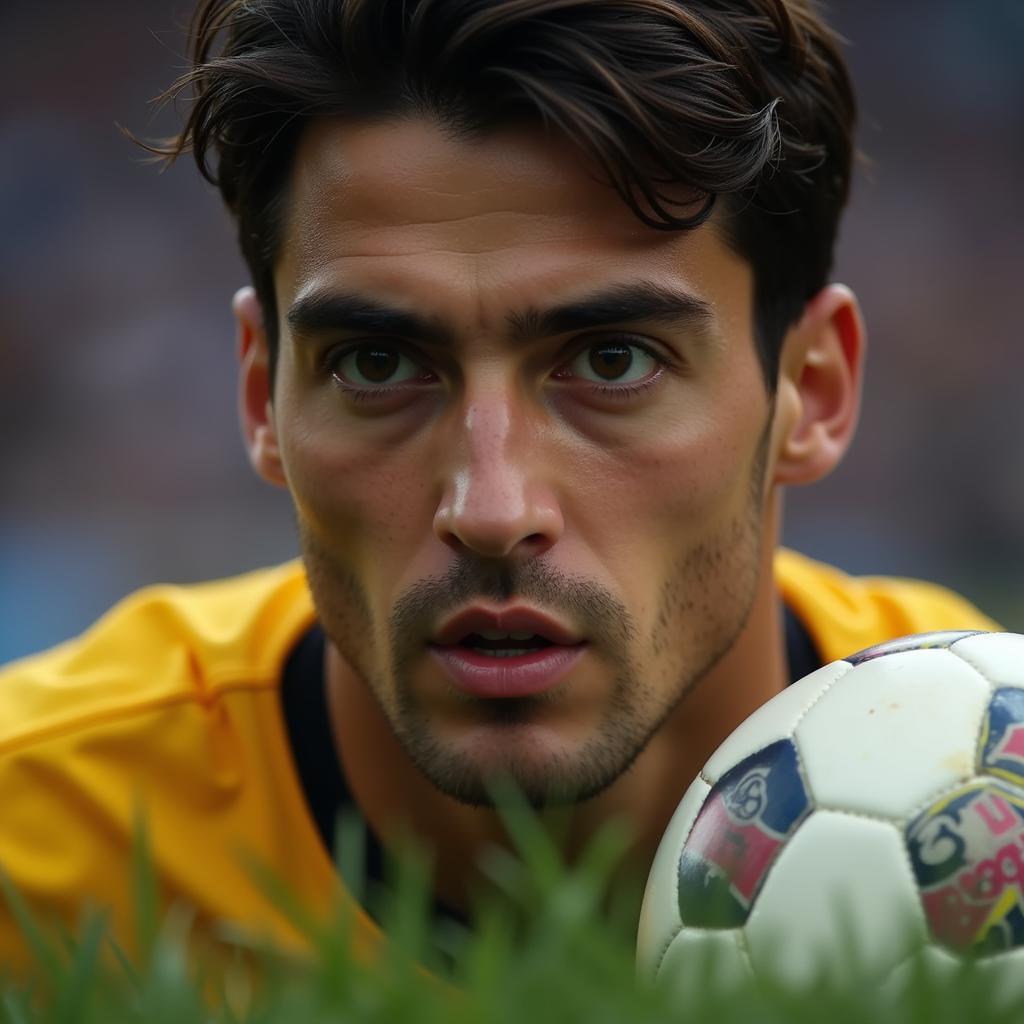 Close up of a footballer's determined eyes during a match