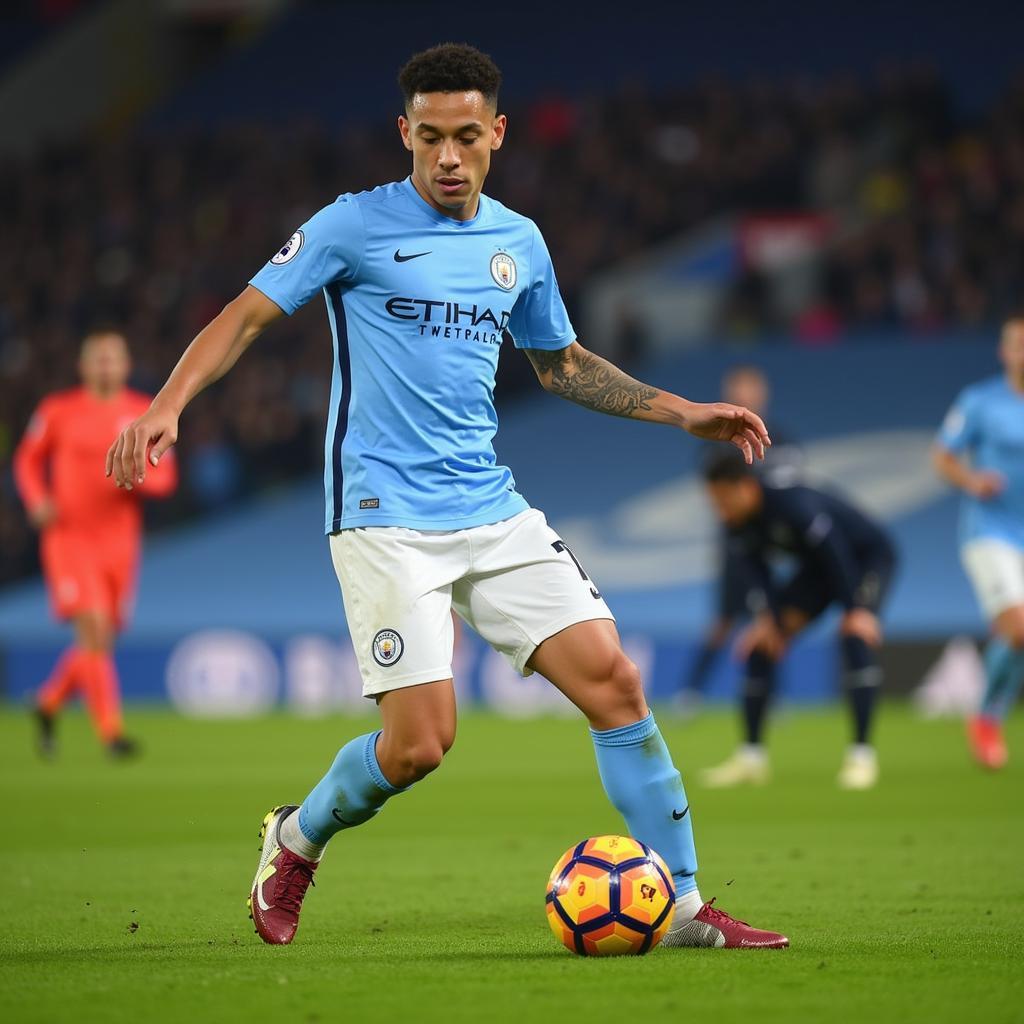 Phil Foden dribbling past an opponent in a Manchester City game