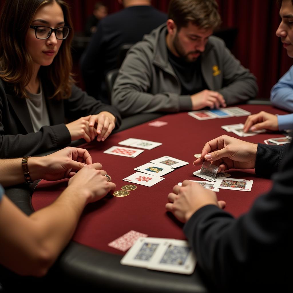 Two hands engaged in a football card game, cards strategically placed on the table