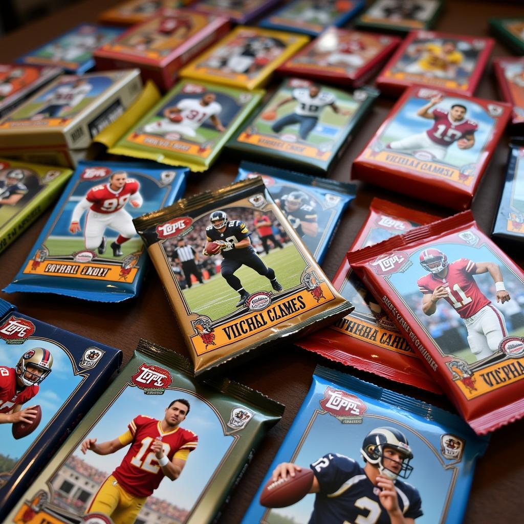 Stacks of colorful football card packs ready to be opened