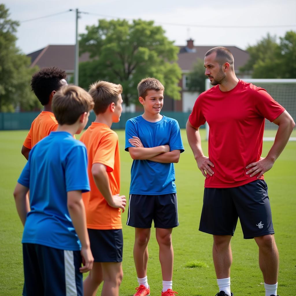 Football coach guiding young players during training