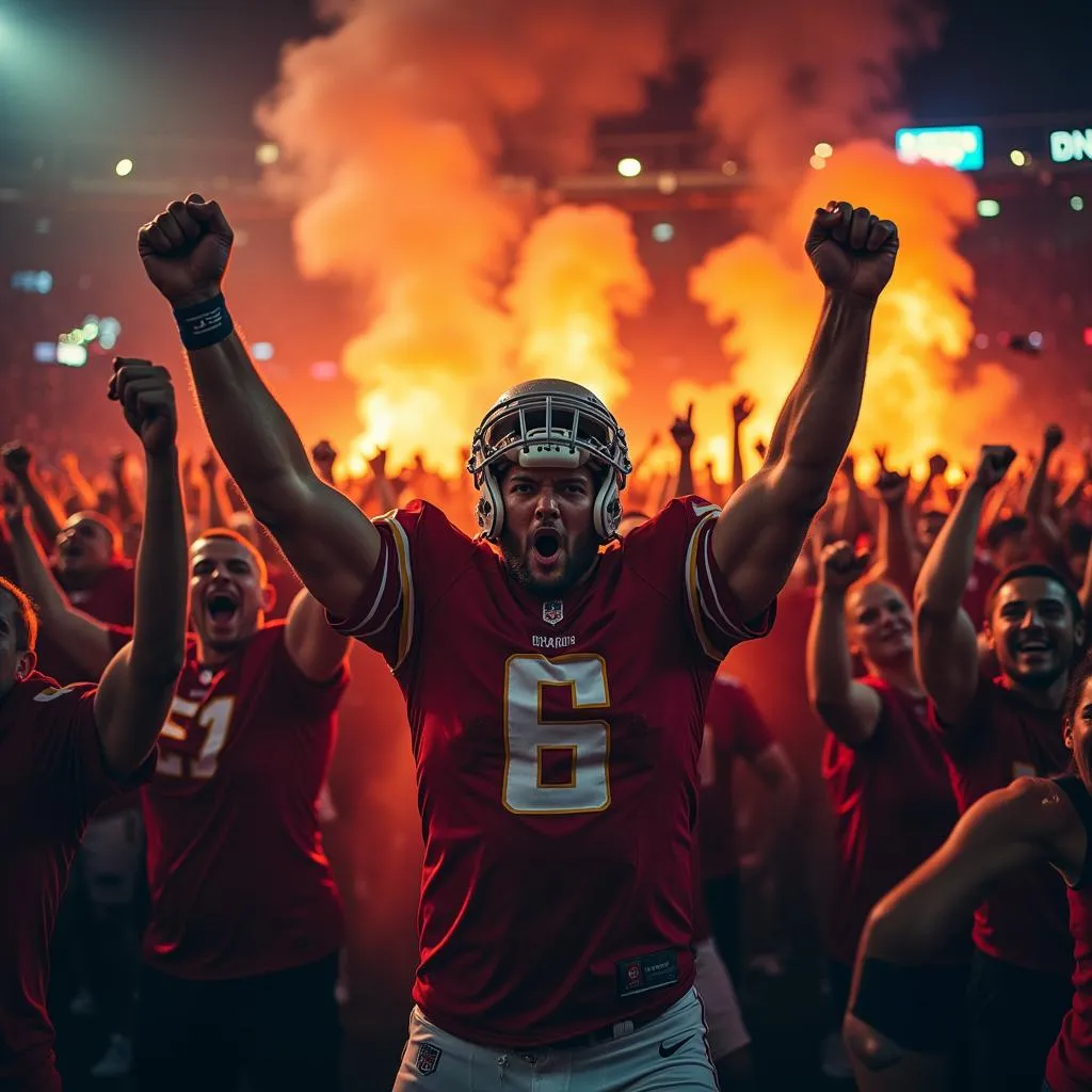 Enthusiastic football fans celebrate a victory in the stadium stands.