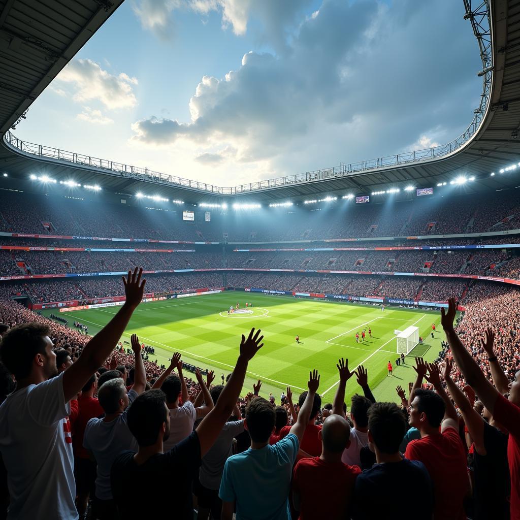 Football fans celebrating a goal.