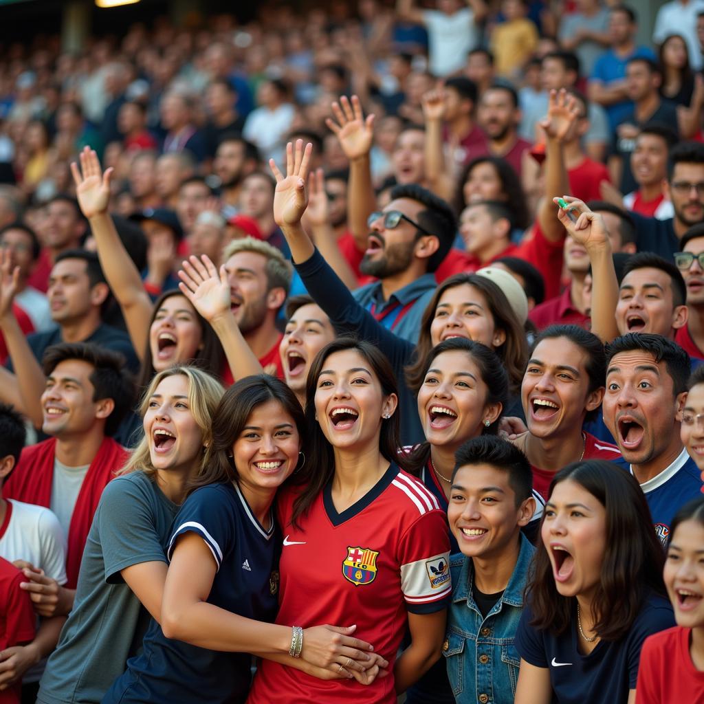 Diverse group of football fans celebrating a goal