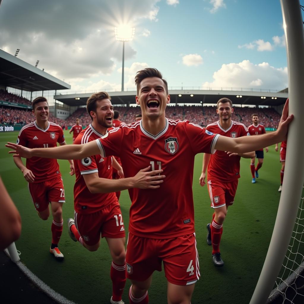 A football player celebrating a goal with his team, highlighting the importance of teamwork and shared success.