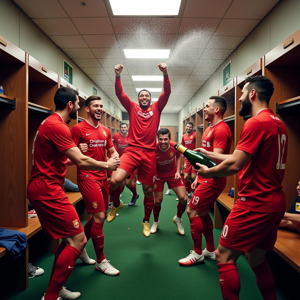 Footballers celebrating in the locker room