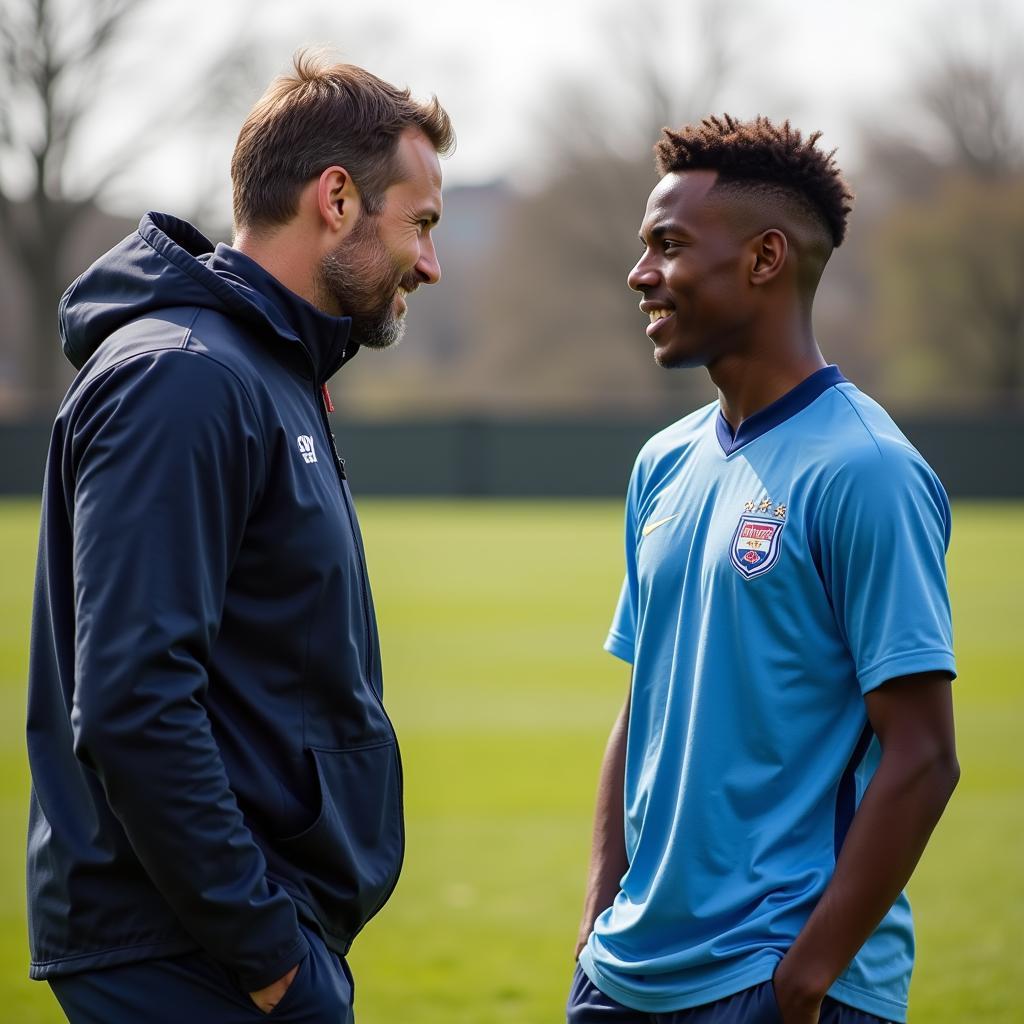 A coach providing guidance to a young football player