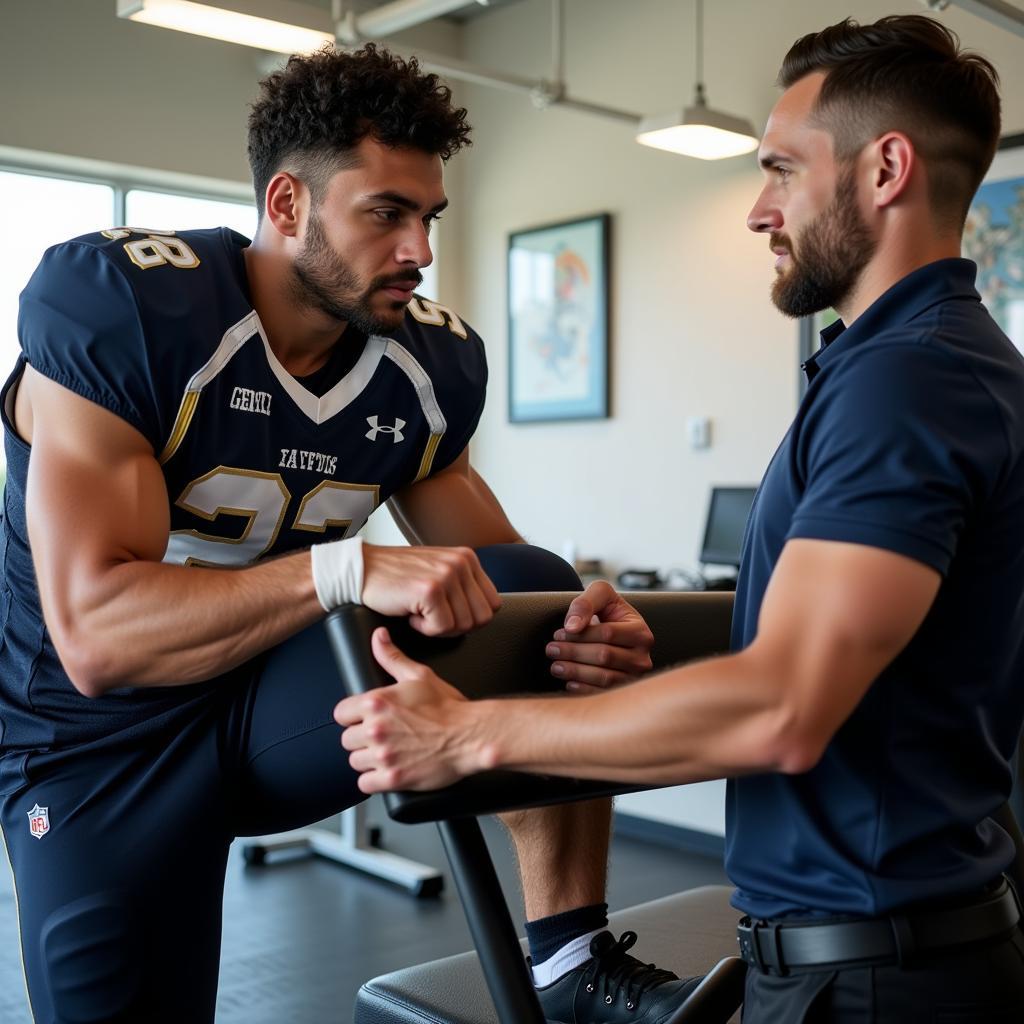 Football Player Undergoing ACL Rehabilitation with a Therapist