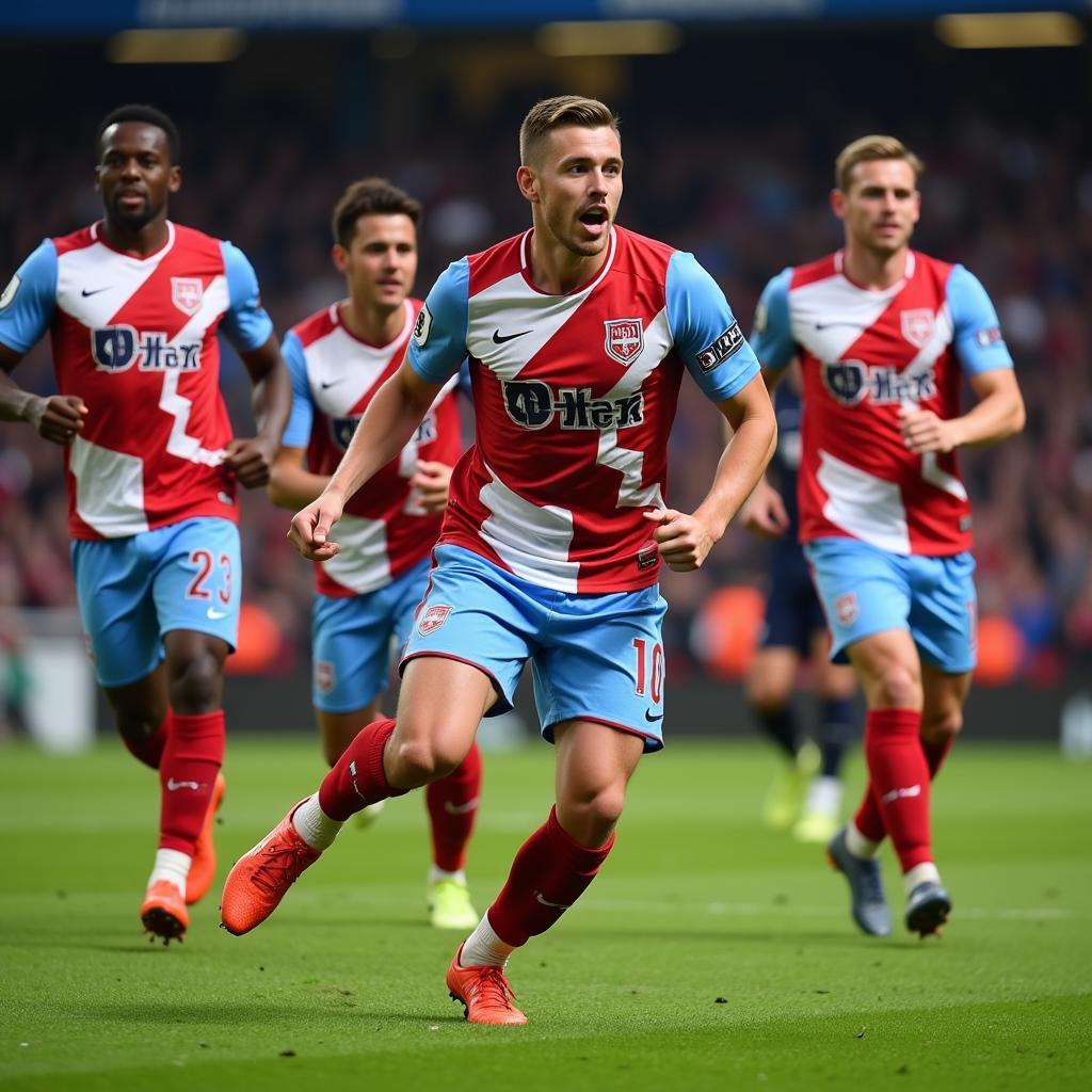 Football Player Celebrating with Teammates