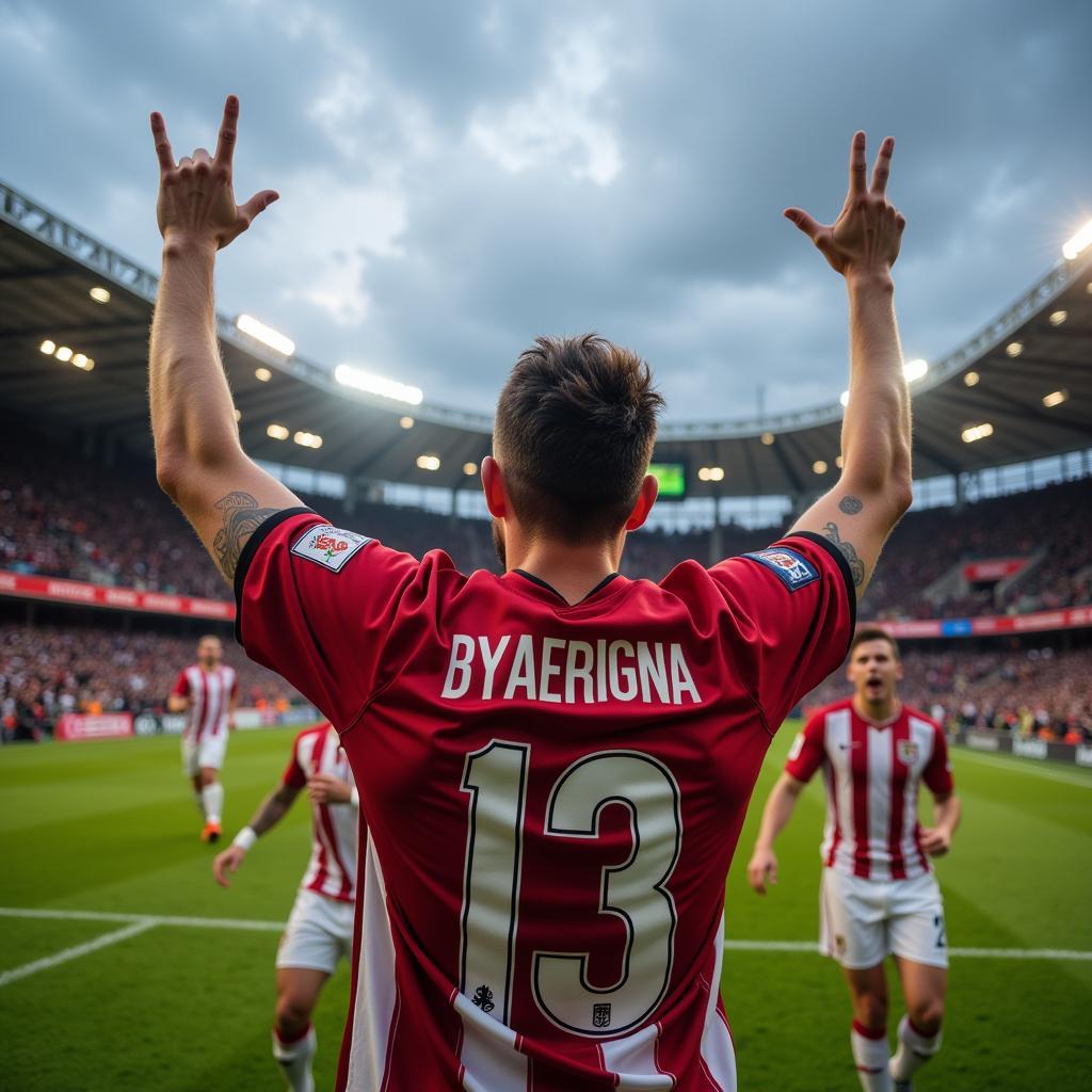 A football player celebrates scoring a crucial goal