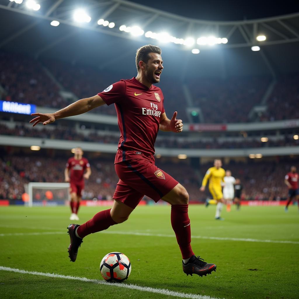 A football player ecstatically celebrating a goal with his teammates, showcasing the sheer joy and emotional release that comes with success in the sport