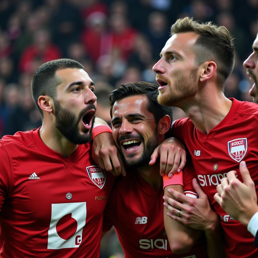 A dynamic action shot of a football player celebrating a goal with his teammates, their faces filled with joy and camaraderie.