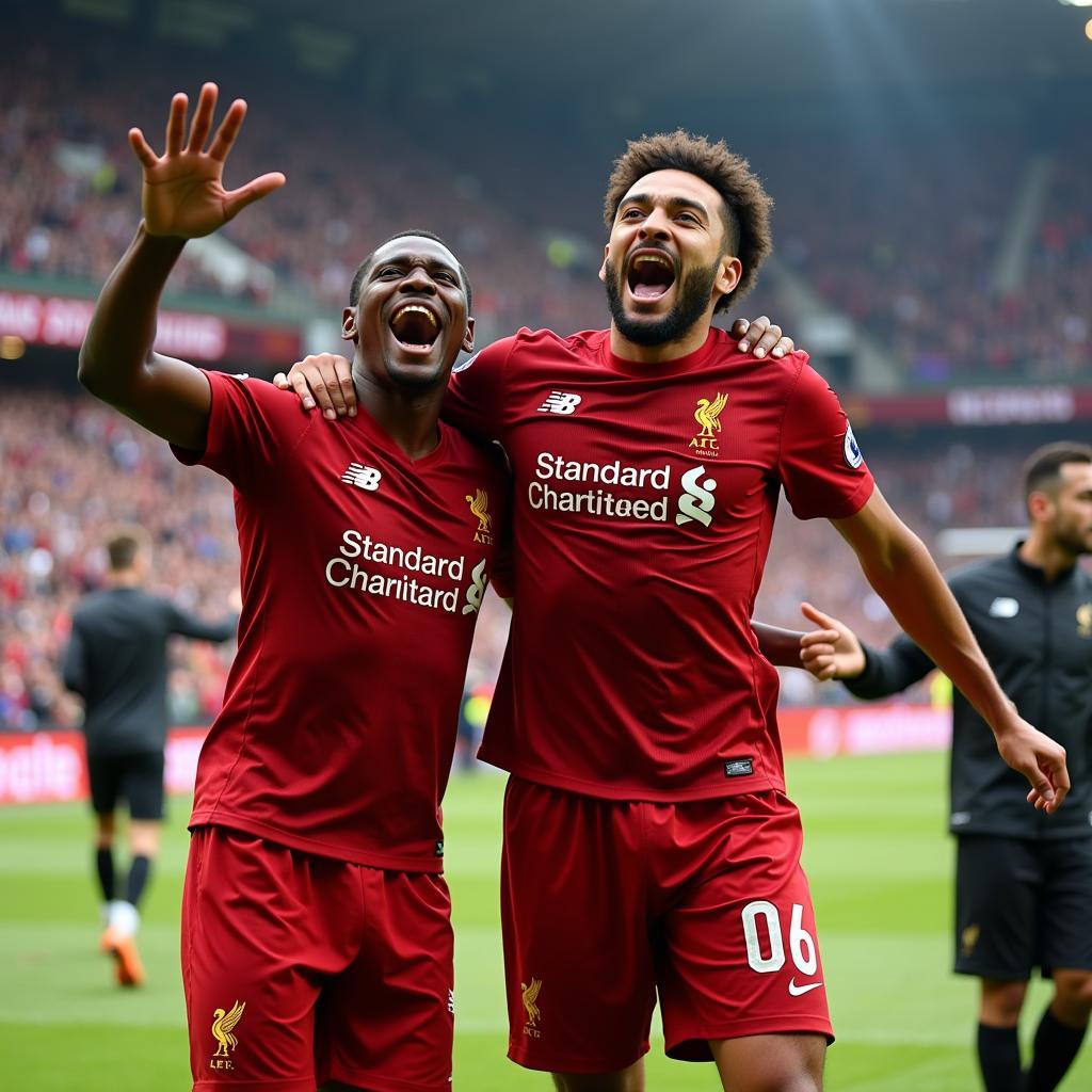 Football player celebrating a goal with teammates