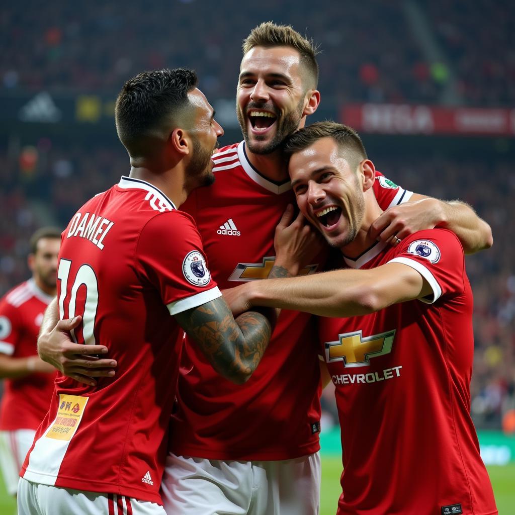 Football player celebrating a goal with his teammates